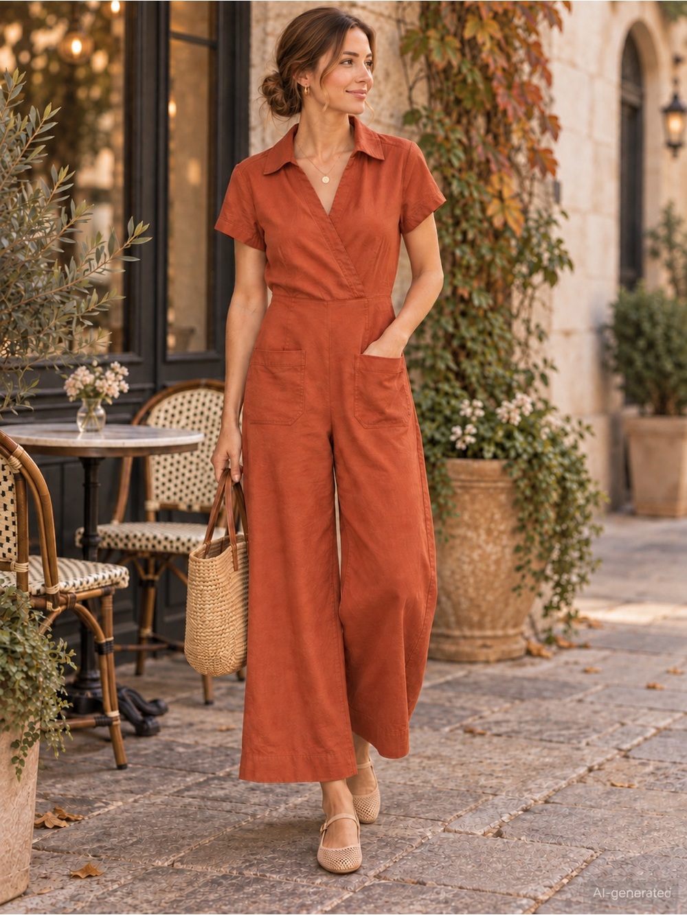 Maeve Anthropologie Colette Linen Blend Wide Leg Jumpsuit Rust 10